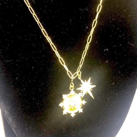 New Jennifer Miller starburst charm necklace 14K gold paper clip chain CZ - Picture 5 of 10